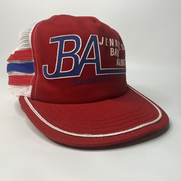Vintage 3 Stripe Trucker Farmer Hat Cap Jennings Davenport NE USA Mesh Snapback - Picture 1 of 11
